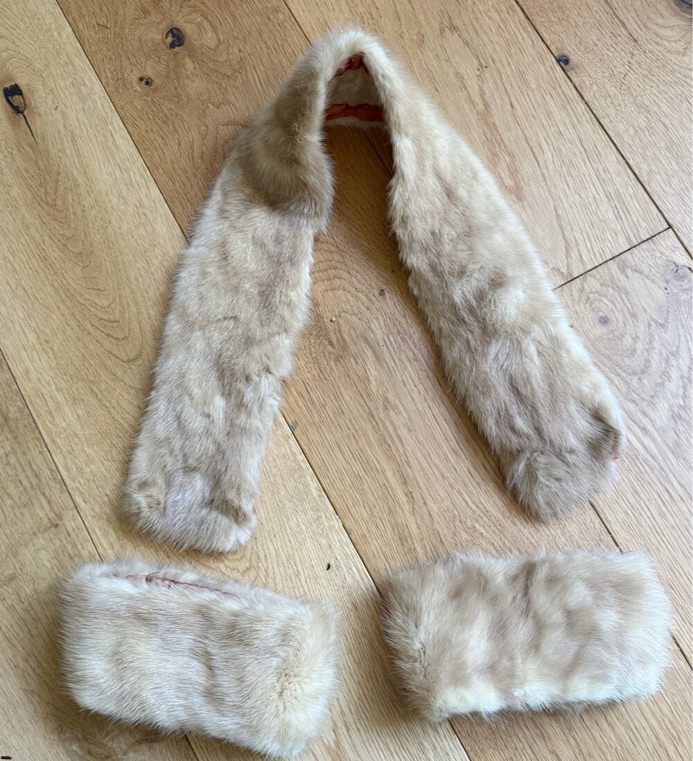 Vintage Pearl Mink Fur Collar & Cuffs Set Cream Blonde Old Hollywood Regency
